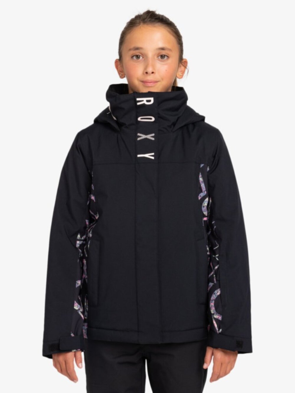 NWT Roxy Girl DryFlight Galaxy Snow Jacket in black and logo print